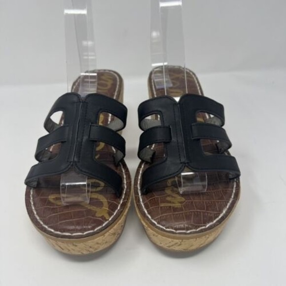 Sam Edelman Ronie Logo Regis Wedge Leather Heels Sandals Womens 8.5 Black Ladies - Picture 3 of 6